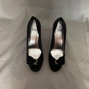 Stuart Weitzman Black Satin Pump Peep Toe Rhinestone Ring 9M